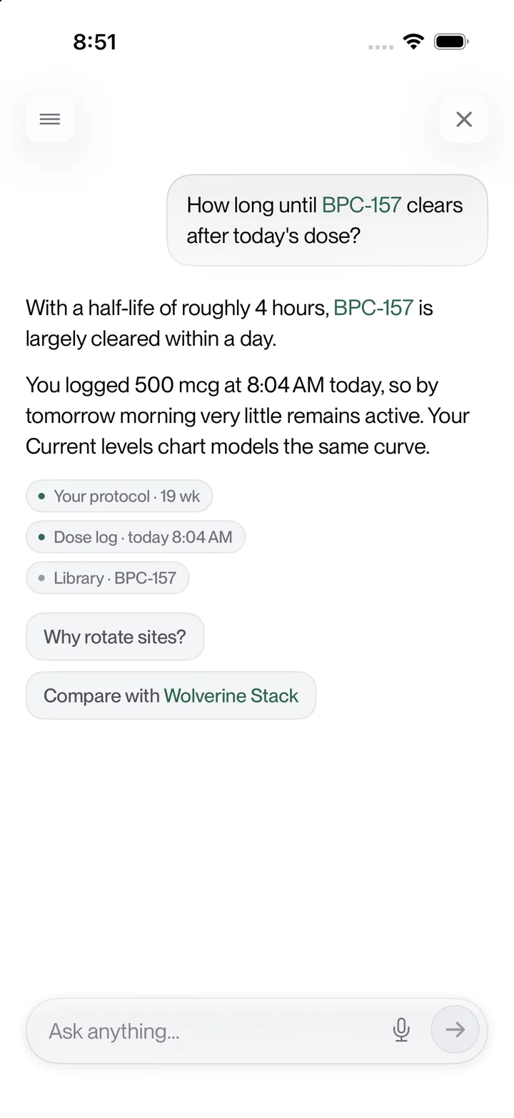 AI Assistant screen answering a question about BPC-157